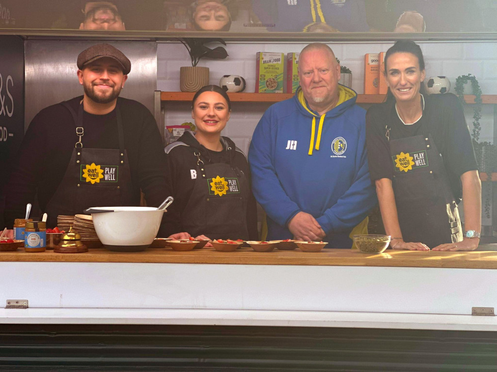 Left to right: M&S Executive Chef Russell Goad; Reddish North End FC chef Bethany Dugdale; Reddish North End Chairman John Hargreaves; and former England midfielder Jill Scott (Image supplied)