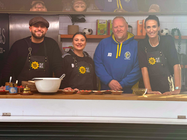 Left to right: M&S Executive Chef Russell Goad; Reddish North End FC chef Bethany Dugdale; Reddish North End Chairman John Hargreaves; and former England midfielder Jill Scott (Image supplied)