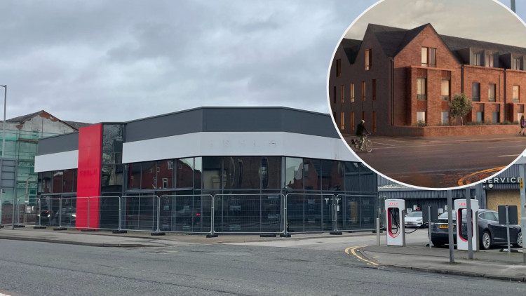 Plans have been submitted to convert the former Tesla showroom on the A6 into a mix of ten townhouses and 28 apartments (Images - main: Nub News / inset: via SMBC planning portal)