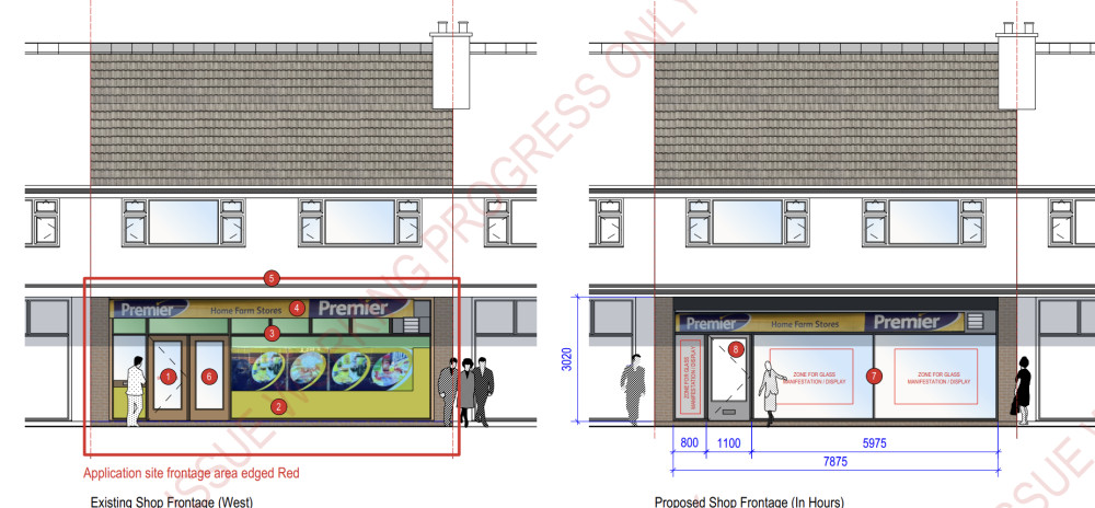 Home Farm Stores in Whitnash seeks approval to update its storefront with new aluminium windows, doors, and roller shutters (image via planning application)