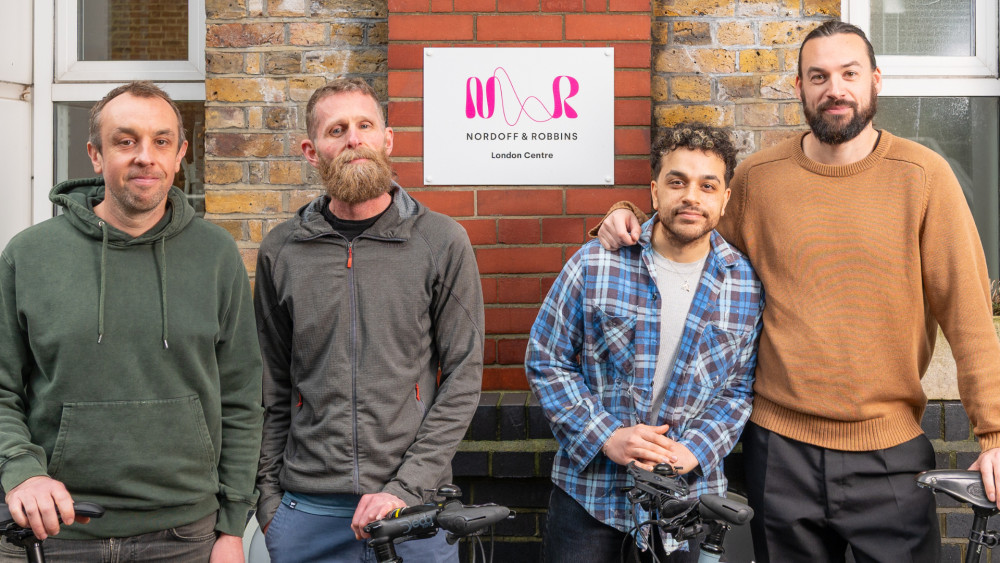 Macclesfield FC fan and bassist for the 1975 Ross MacDonald (right) is cycling the length of the country with friends Darren, Matt and Brian and Ross (Credit: Jeremy Banks)