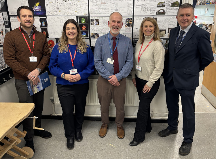 From left to right: Daniel McDonagh from Class of Your Own, Michaela Lindridge from Severfield, Andy Salvidge, Head of Design Technology at The Blue School, Kerry Cruden, Social Value Manager at Sir Robert McAlpine, and Mark Woodlock, Headteacher at The Blue.