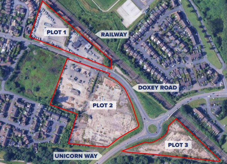 Map showing the three plots at Doxey marked for regeneration (image via Staffordshire County Council)