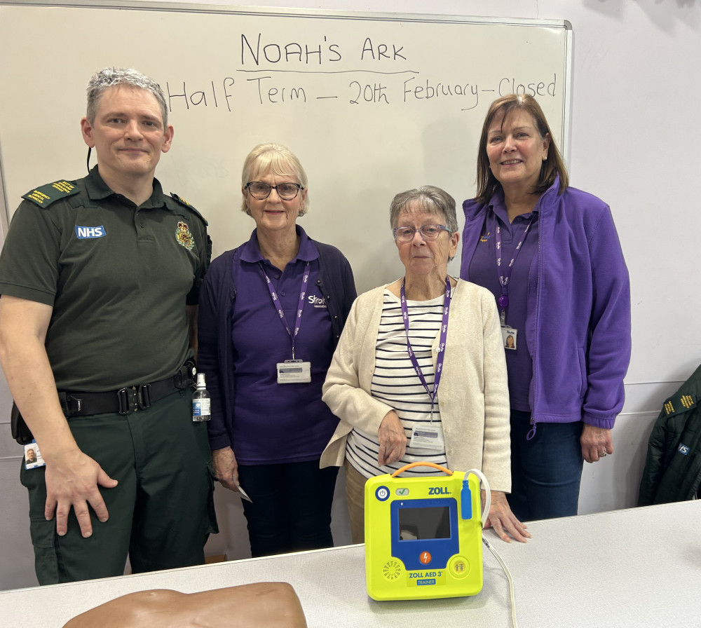EEAST Emergency Medical Technician Andrew Ross with Marion Rice, Barbara Witham and Shona Rogers, Chairperson of the Maldon Stroke Group, after delivering the CPR training session to the Maldon Stroke Group