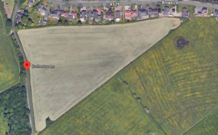 Plans for up 75 homes in the open countryside off Broad Lane, Nantwich, have been recommended for approval (Photo: Google).