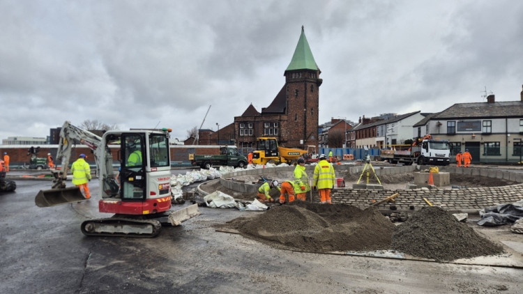 Engineers from Network Rail work on the 'finishing touches' to the Greek Street roundabout bridge (Image - Declan Carey LDRS)