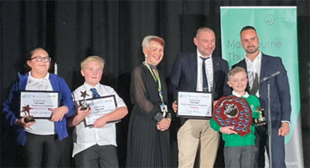 From left: Prizewinners Arabella, Hugo, Mrs Karina Garrick, Mossbourne CEO Peter Hughes, Jude Borley and William Smith of Triland Metals.