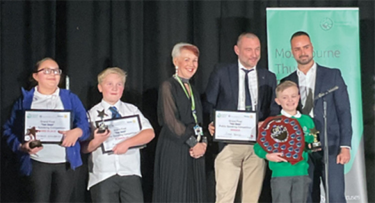 From left: Prizewinners Arabella, Hugo, Mrs Karina Garrick, Mossbourne CEO Peter Hughes, Jude Borley and William Smith of Triland Metals.