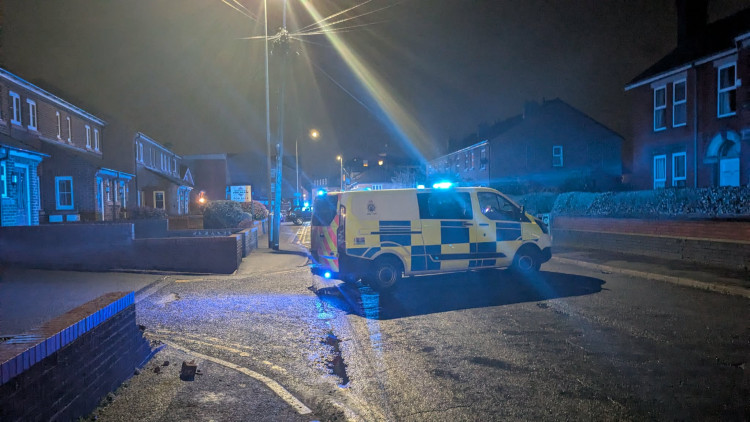 Bradwall Road in Sandbach was closed last night after a disturbance during which men were seen assaulting each other with makeshift weapons including spades and bats. (Photo: Nub News)