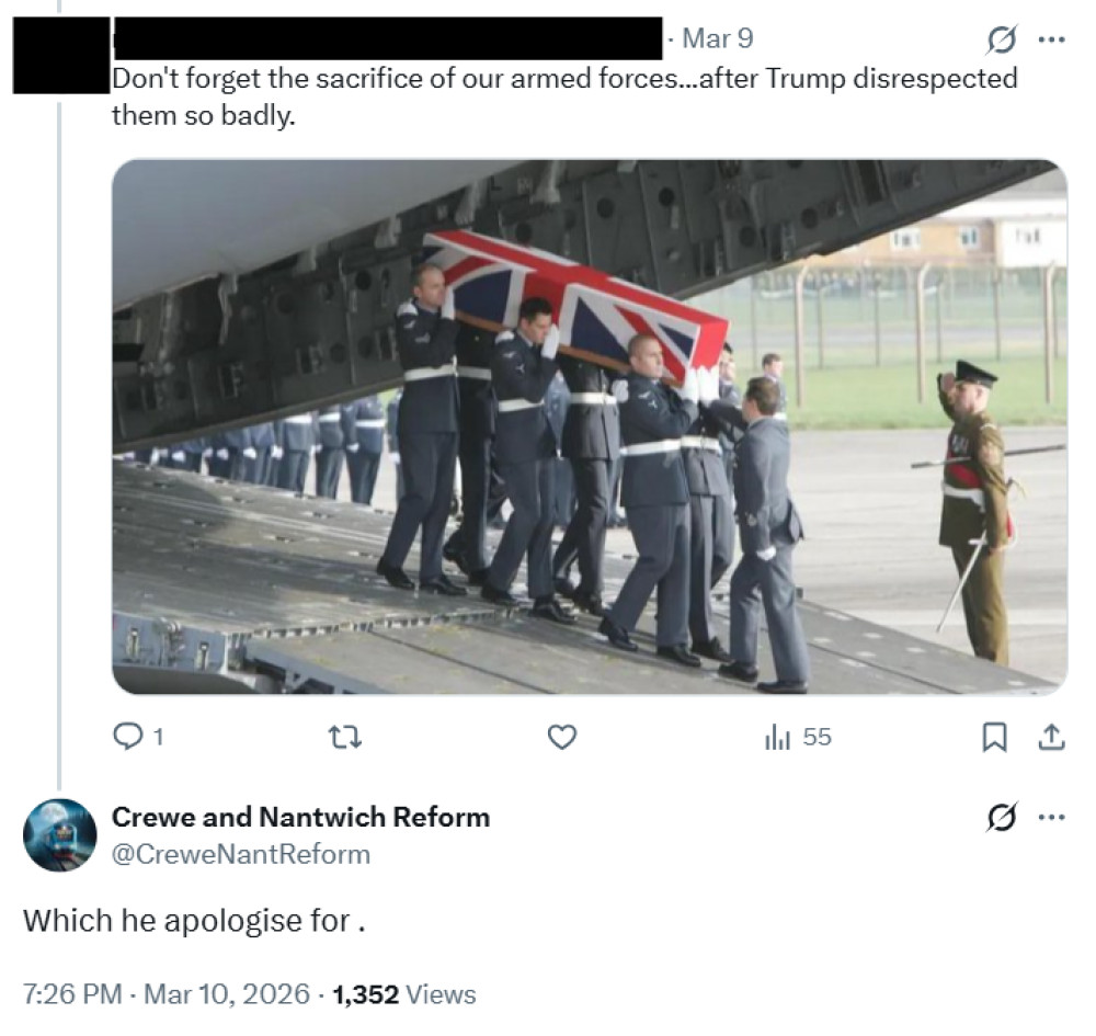 The official Crewe & Nantwich Reform Party appeared to defend President's Trump's remarks on X about British troops (Photo: X).