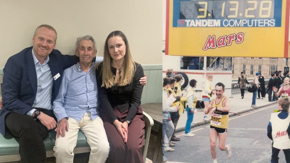 (Left) Rob and Claire with Hen Cloud resident Brian. (Right) Brian completing the London Marathon in 1985. (Images via Borough Care)
