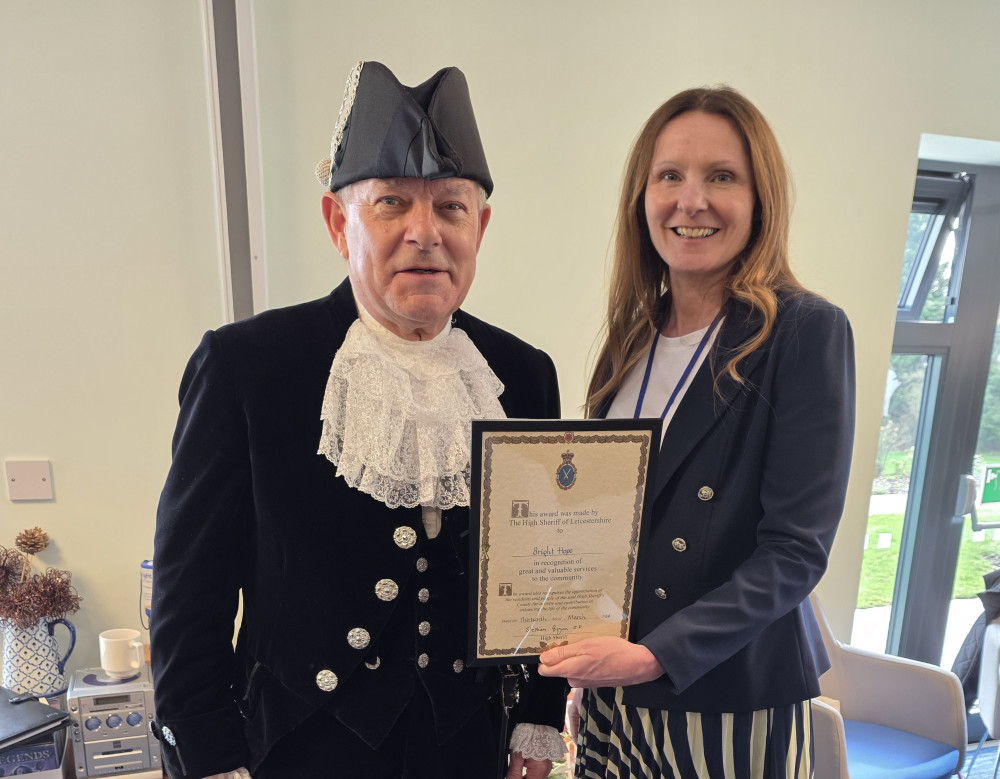 Laura Mackie of Bright Hope House has been presented with an award by the High Sheriff of Leicestershire (Photo: Bright Hope)