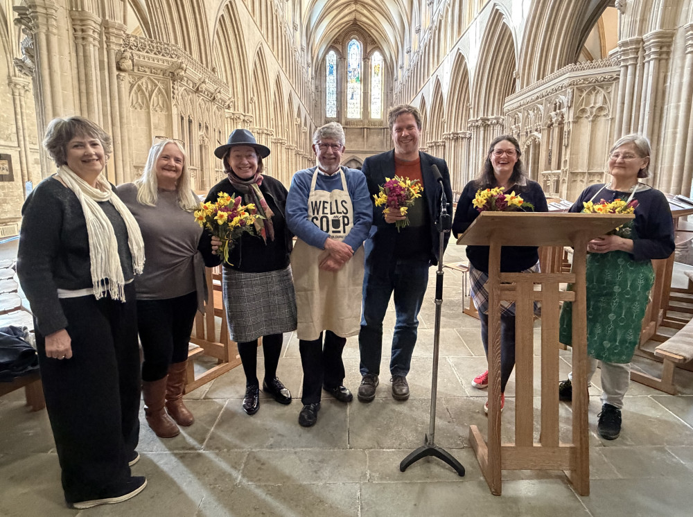 Jane Vernoit, Claire Rise, Mary Ellis, compere Paddy O’Hagan, Aaron Oats and Sandre Marshall at Wells SOUP in the cathedral