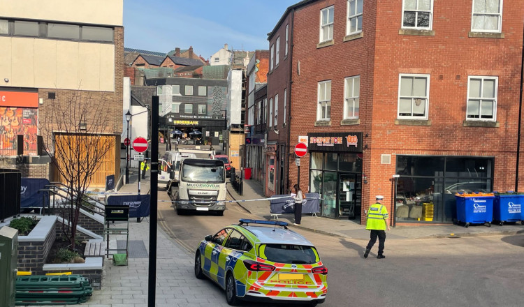 The police cordon that was in place on Great Underbank in Stockport town centre today (Thursday 19 March)