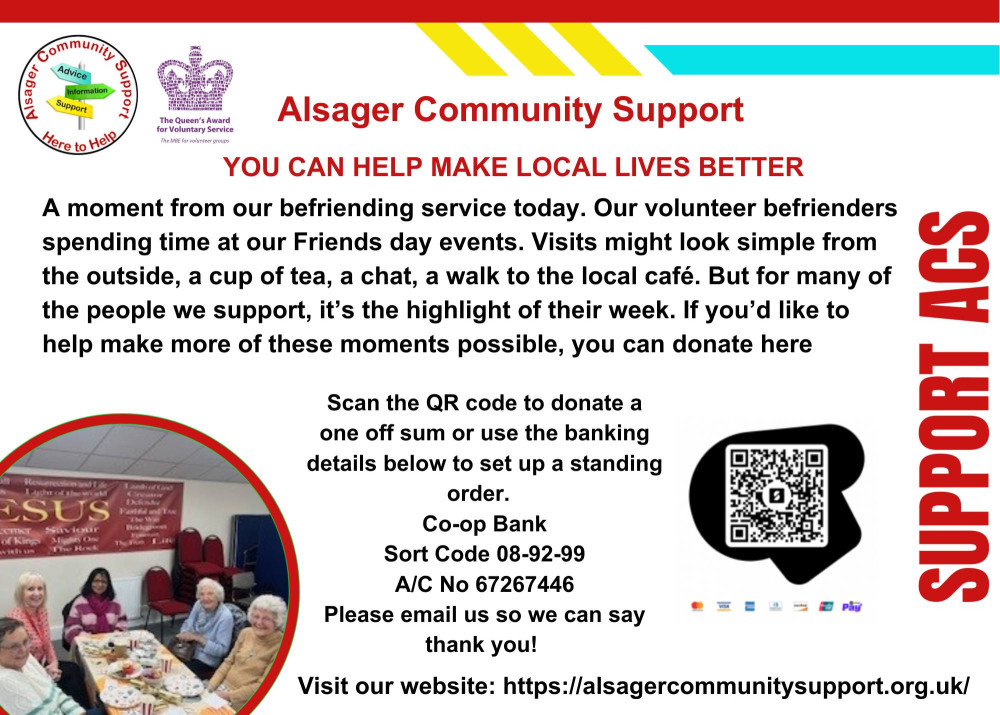 ACS is shining a light on their fantastic befriending volunteers who give just a few hours each week, but for someone who may be feeling socially isolated, that time can mean everything. (Image: Alsager Community Support)