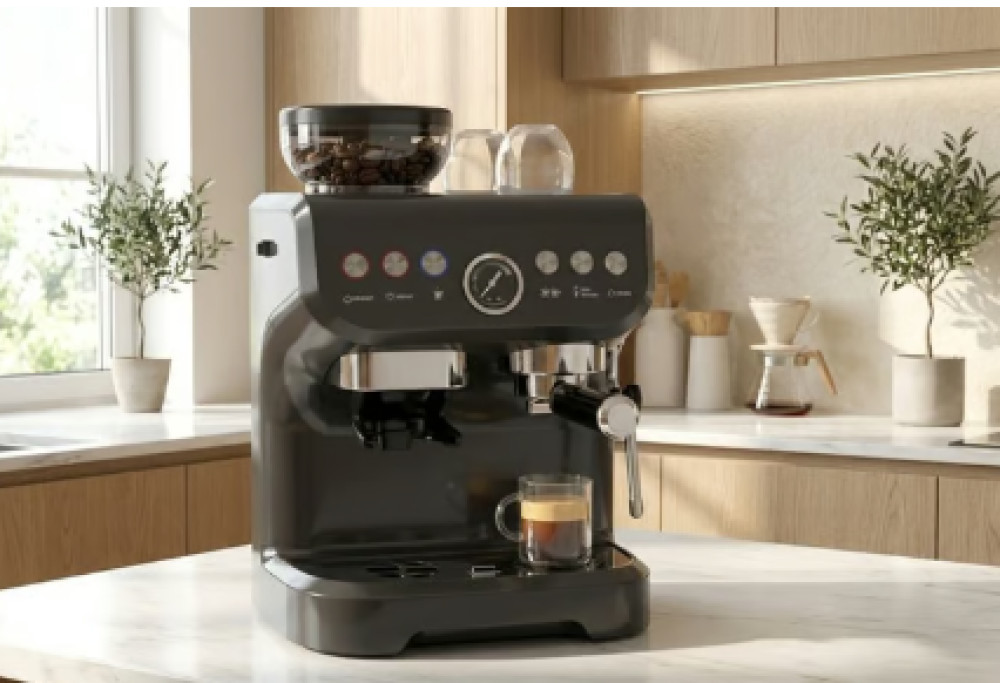 15-Bar Espresso Coffee Machine with Integrated Grinder & Steamer