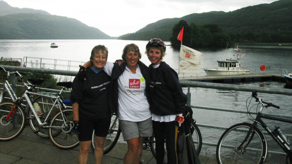 Gill Timmis (centre) on the first fundraising bike ride, in 2002 (credit: Become Charity).