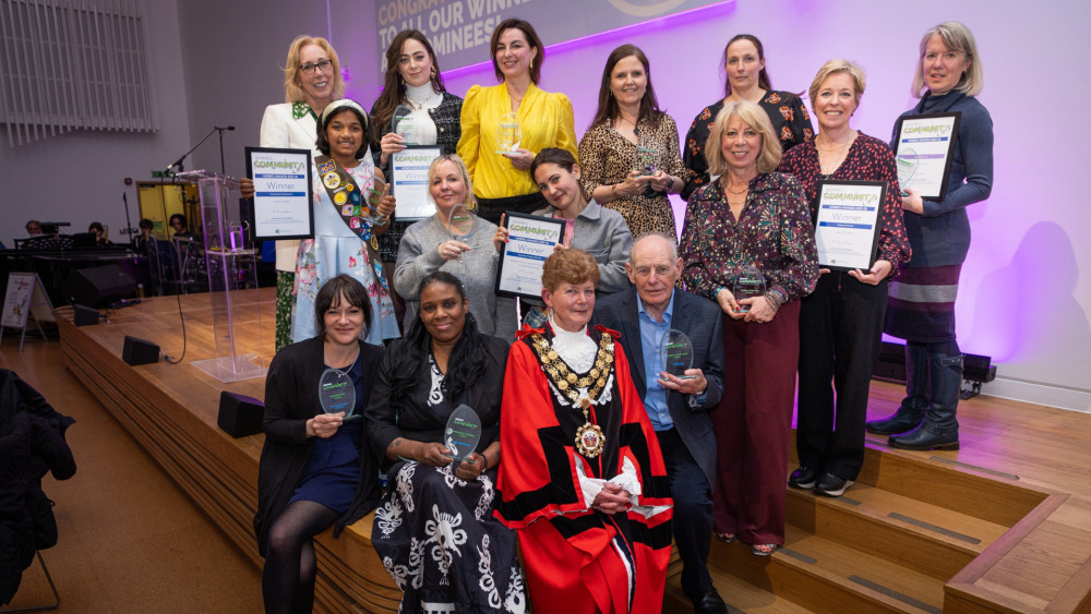 Winners of the 2026 Richmond Community Heroes Awards, with Cllr Nancy Baldwin and Madam Mayor of Richmond, Cllr Penny Frost, at Duke Street Church (credit: Richmond Council).