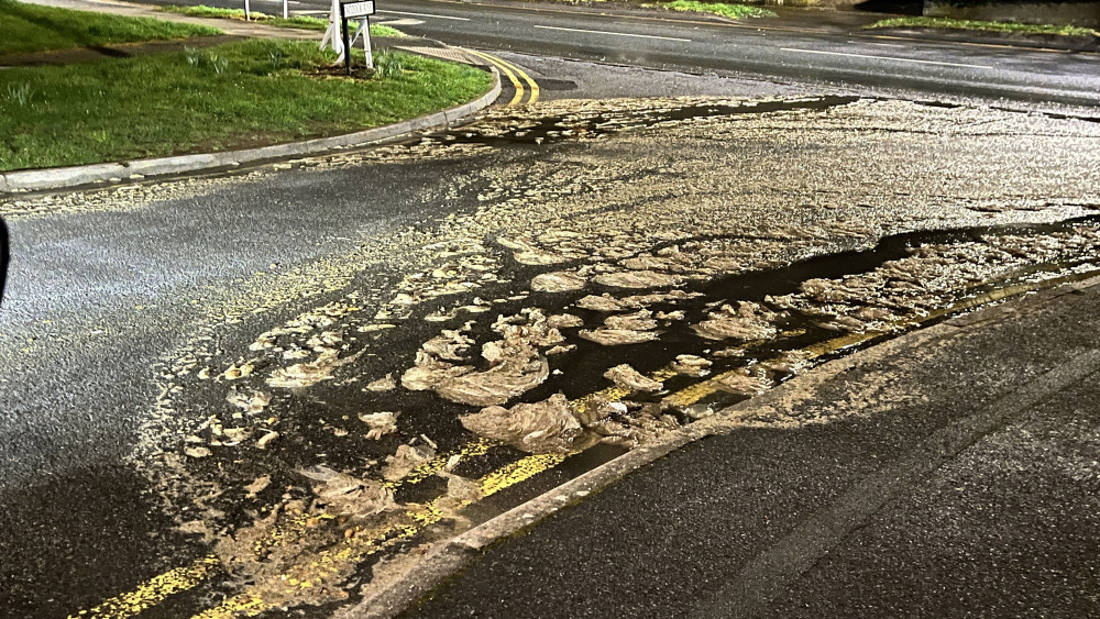 Raw sewage could be seen on Paddock Rise in Trentham after two drains overflowed (images via SWNS)