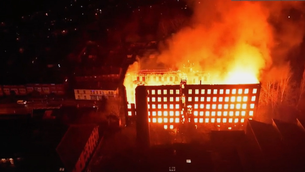 Screenshot of the fire in Leek from BBC footage (image via BBC)