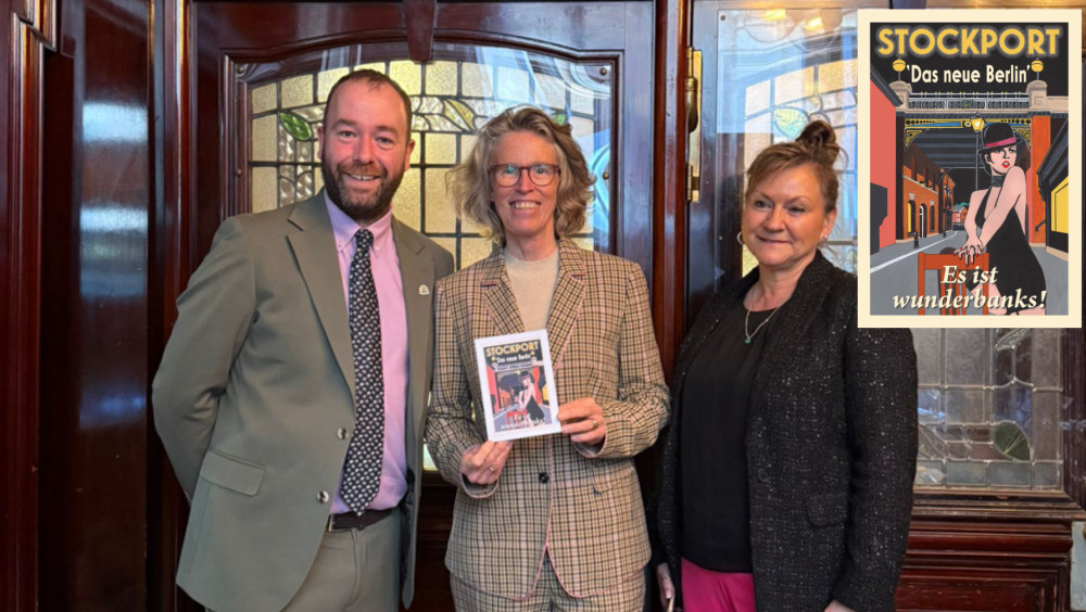 German ambassador Susanne Baumann (centre) with Cllr Mark Roberts, leader of Stockport Council (Image supplied / Stockport Council)