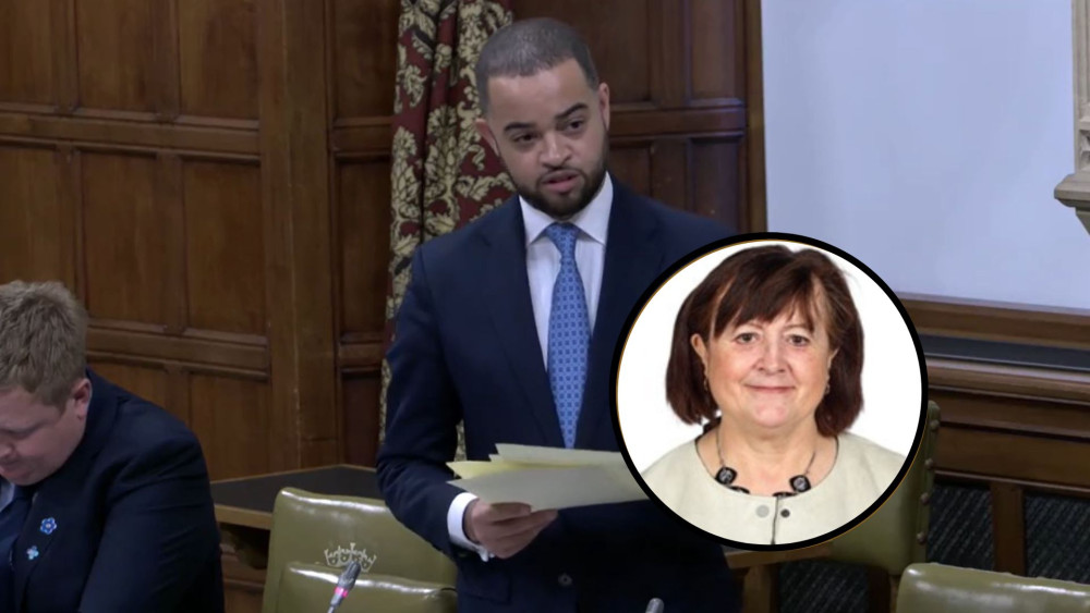 Main photo: Adam Jogee MP speaking during a debate/ Inside circle: Cllr Lynn Dean (image via Staffordshire County Council)