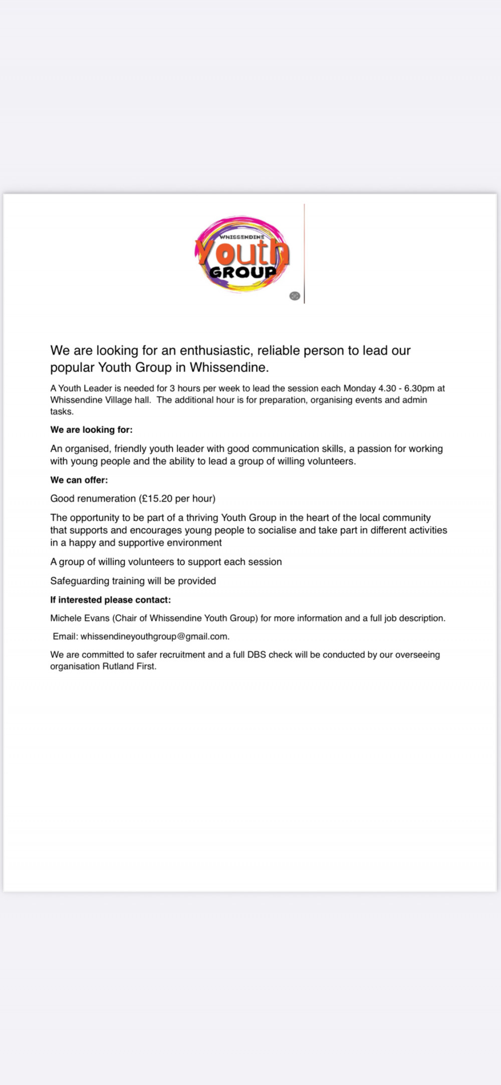 Rutland First Youth Leader