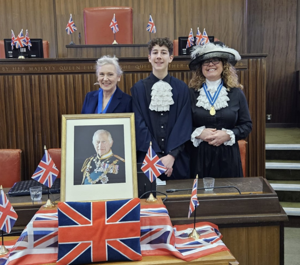 Left to right High Sheriff in Nomination Susan Rasmussen, Max Allen Young High Sheriff, Karen Lynch MBE High Sheriff of Warwickshire 2025/6 (image via Anne Hollins) 