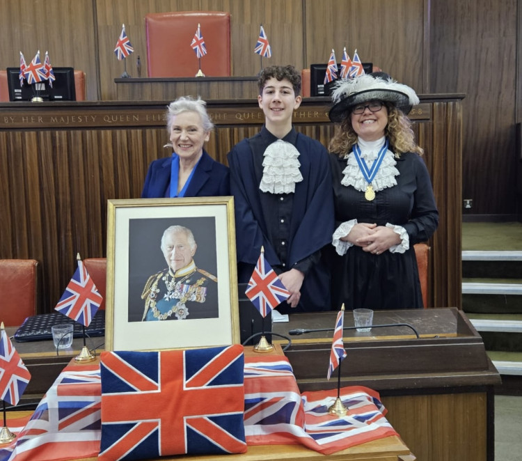 Left to right High Sheriff in Nomination Susan Rasmussen, Max Allen Young High Sheriff, Karen Lynch MBE High Sheriff of Warwickshire 2025/6 (image via Anne Hollins) 