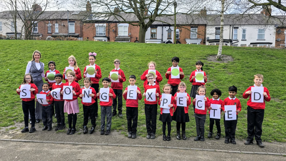 Beechwood Primary School and Nursery headteacher, Mrs Sara Harper, with proud pupils (Photo: Ryan Parker).
