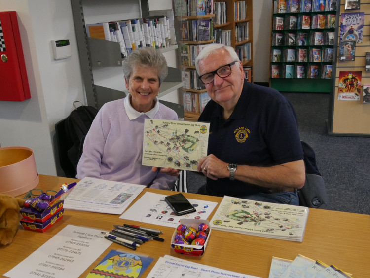 Brian and Anne Skevington getting ready to hand out route maps and Easter eggs (Photo: Lions Club of Rutland)