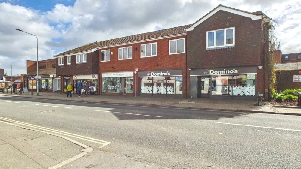 38 to 50 Beam Street, occupied by Dominos, Shelter and Our Time Candles of Nantwich to the ground floor, is being marketed for £1.1 million (Photo: Legat Owen).