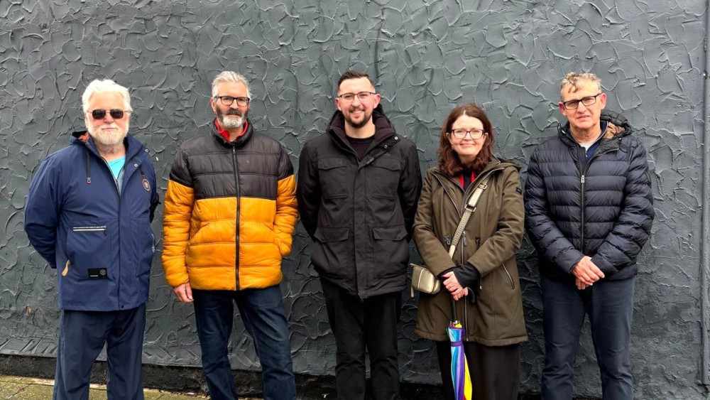 Representatives from Nantwich Road Action Group, The Railwaymen Podcast, Connor Naismith MP, CreweCreates and The Railwaymen Supporters Group on a walkaround to assess locations for a new Crewe Alexandra FC mural (Photo: Supplied).