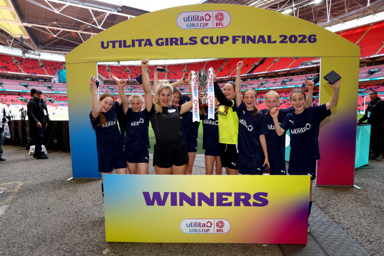Surbiton High School, representing AFC Wimbledon, secured the EFL's 2026 Utilita Girls Cup at Wembley on penalties against Tranmere Rovers (Credit: EFL)