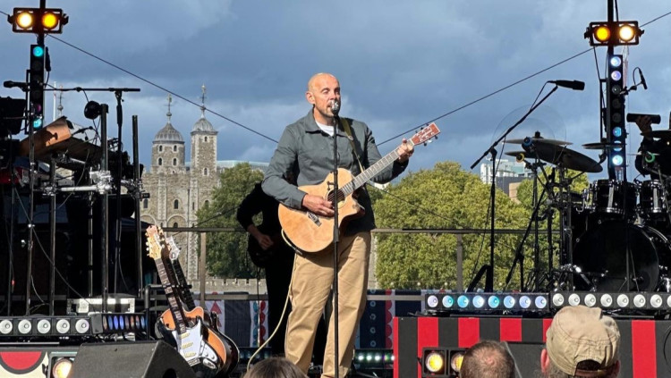Charlie Ward on stage during filming near the Tower of London (image supplied)
