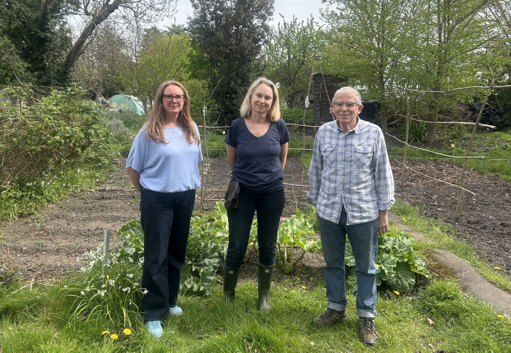 Jane Cowling, Candace Taylor and Paul Cuff at Shacklegate Lane allotments in Teddington (Credit: Charlotte Lillywhite/LDRS)