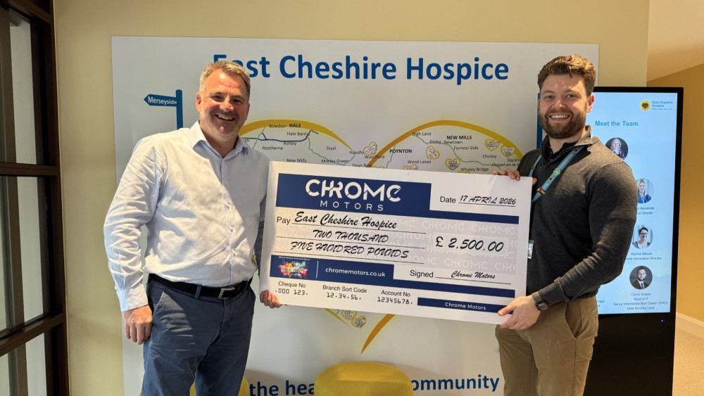 Chrome Motors' Danny Towns presents a cheque to Luke Oldham, corporate fundraiser at East Cheshire Hospice (Credit: Supplied)
