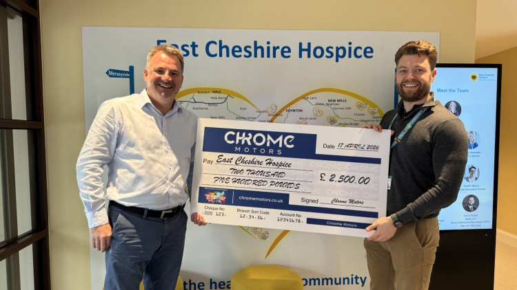 Chrome Motors' Danny Towns presents a cheque to Luke Oldham, corporate fundraiser at East Cheshire Hospice (Credit: Supplied)