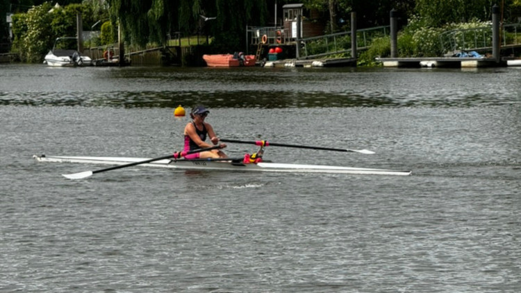 A Twickenham single sculler competes at the 2025 Twickenham Rowing Regatta (credit: Image supplied).