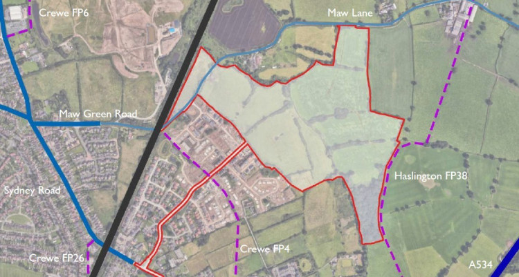Plans have been submitted for up to 520 homes together with a new access road on land in the Maw Green area of Crewe (Photo: CEC Planning).