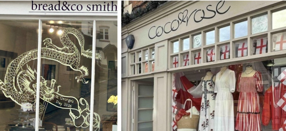 Voting is ongoing in Warwick for the best St George's Day-themed window, as local businesses decorate for celebrations ahead of this weekend (images supplied) 