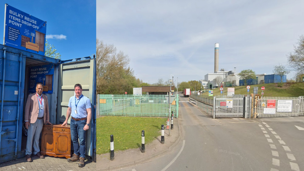 A new reuse container has been introduced at Hanford Household Waste and Recycling Centre (left image via Stoke-on-Trent City Council right image via Google Street View)