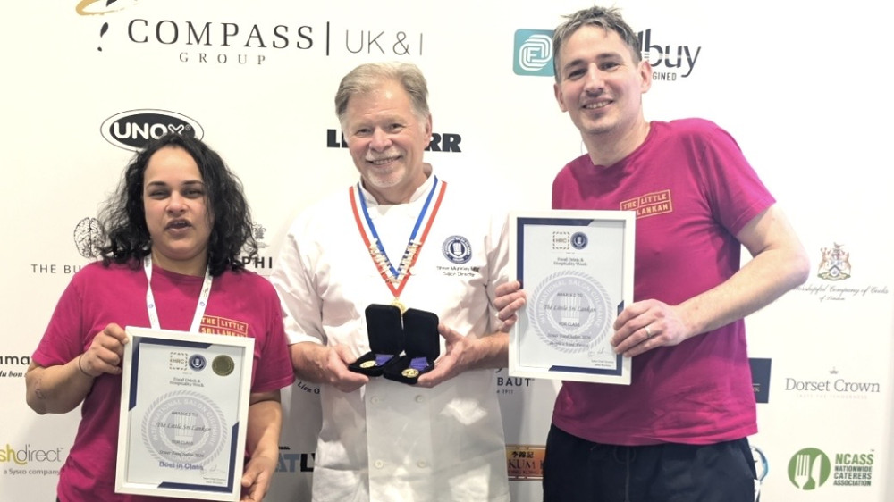 Malanie and Michael from The Little Sri Lankan pose with their certificates at the expo in London (Image supplied)