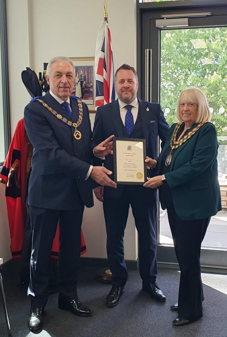 Essex Freemasons Peter Hollingsworth and David Barton with the Mayor