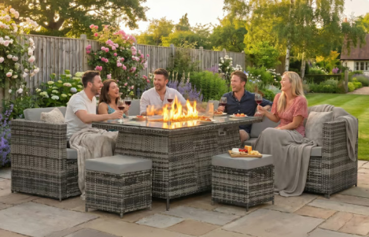 8-Seater Modern Rattan Garden Dining Set with Fire Pit Table – Weather-Resistant PE Wicker