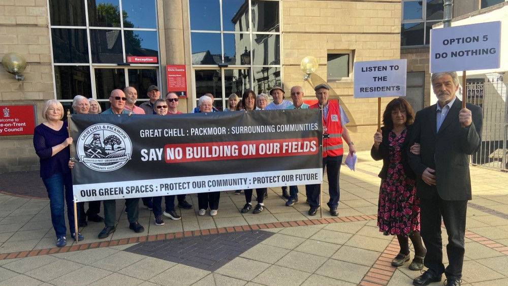 Packmoor residents fighting Stoke-on-Trent City Council's masterplan for the village staged a protest outside the Civic Centre in Stoke (image via Phil Corrigan - LDR)
