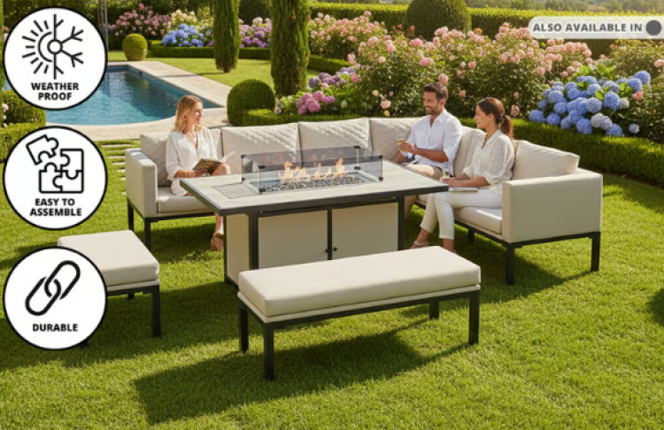 8-Seater Modern Rattan Garden Dining Set with Fire Pit Table – Weather-Resistant PE Wicker