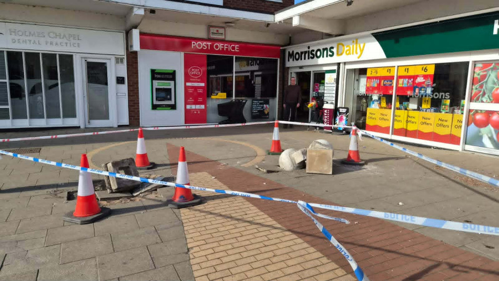 An area in front of Morrisons Daily in Holmes Chapel is taped off after a car collided with the bollards. (Photo: Nub News)