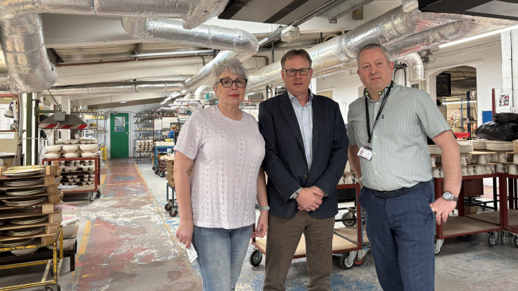 (Left to right) Gail Barlow, Mike Raybould and Ian Martin at the Portmeirion factory in Stoke (image via Liana Snape)