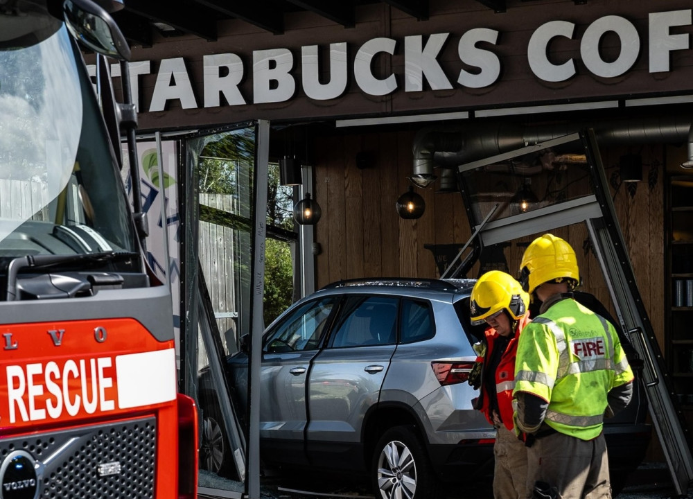 The car crashed into the drive thru yesterday (image via Bedworth Fire Station)